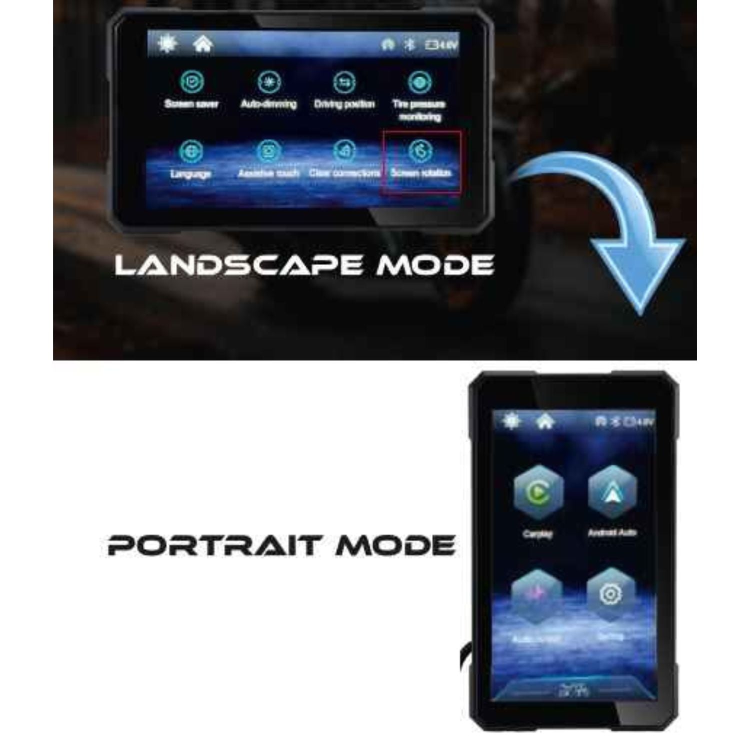 Detachable navigation screen showing landscape and portrait display modes