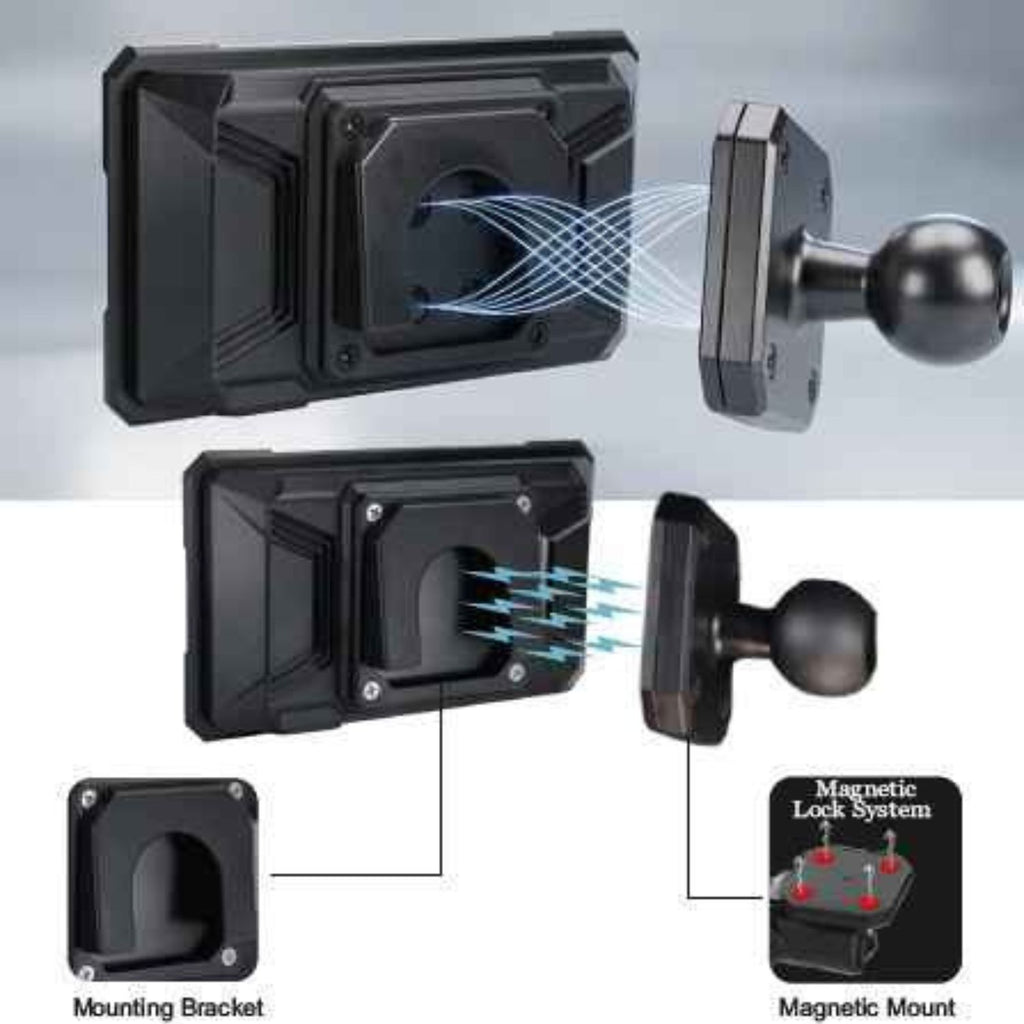 Detachable navigation screen with mounting bracket and magnetic lock mount