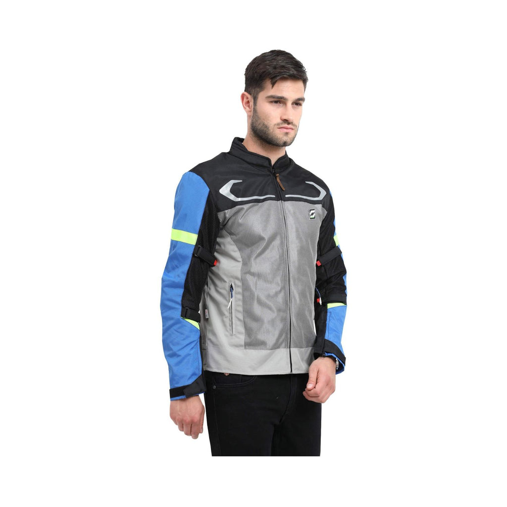 Air-X V2 Motorradjacke blau-grau mit Frontreißverschluss, Ärmel mit Neonakzenten