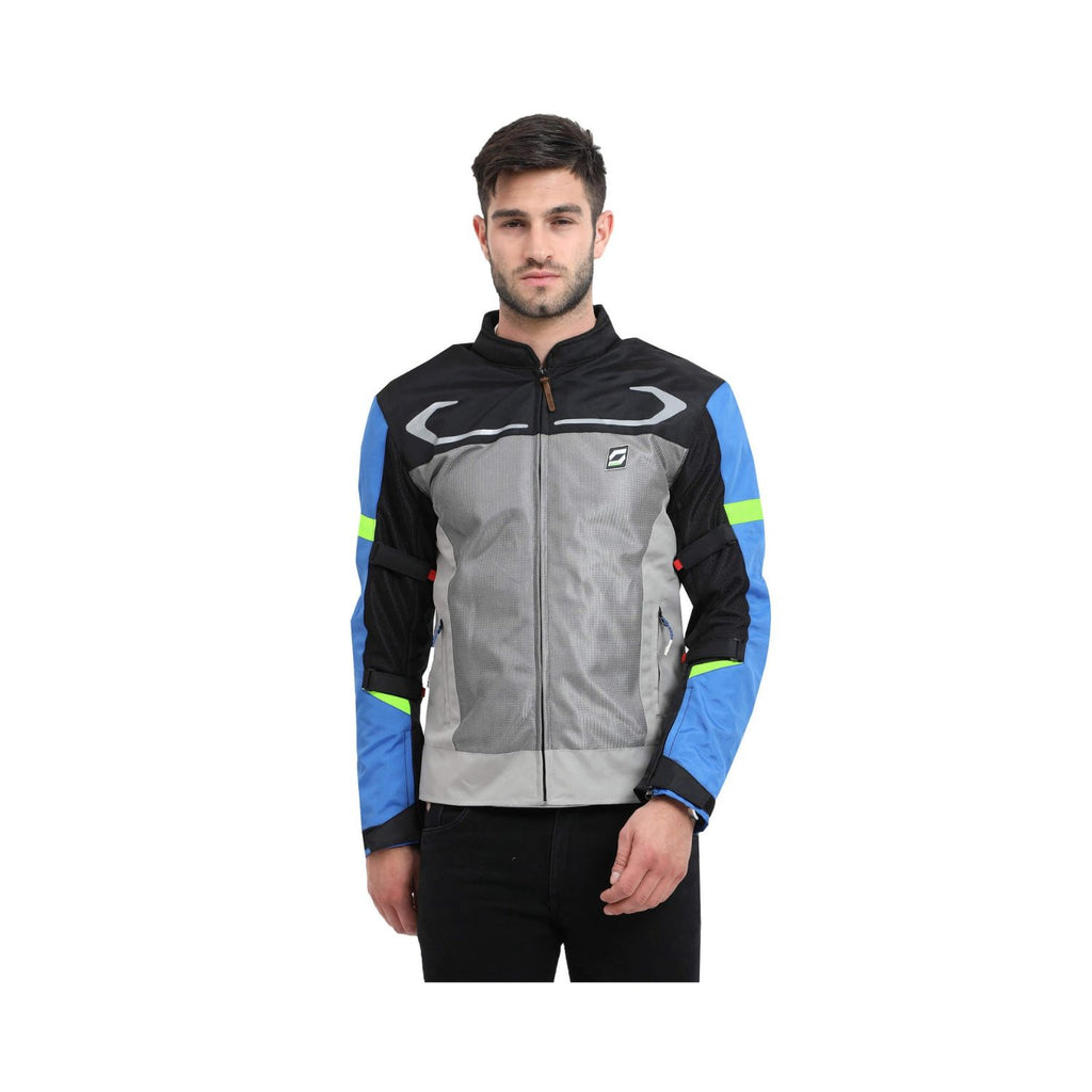 Air-X V2 Motorradjacke blau-grau mit Stehkragen und Frontreißverschluss, Sportlogo