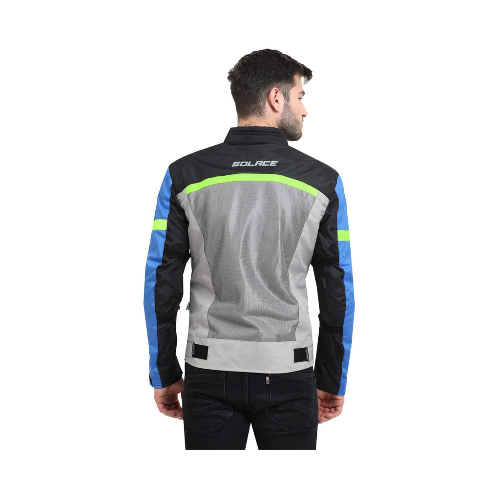 Air-X V2 Motorradjacke blau: Rückansicht mit SOLACE-Logo, Neonband an den Schultern