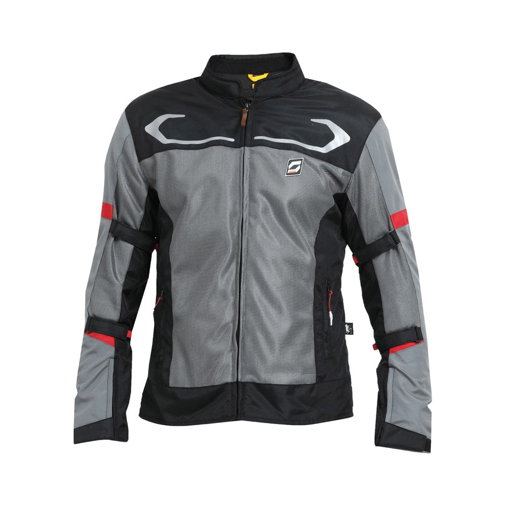 Reitjacke Air-X V2 grau-schwarz, vorne mit Reißverschluss und roten Akzenten