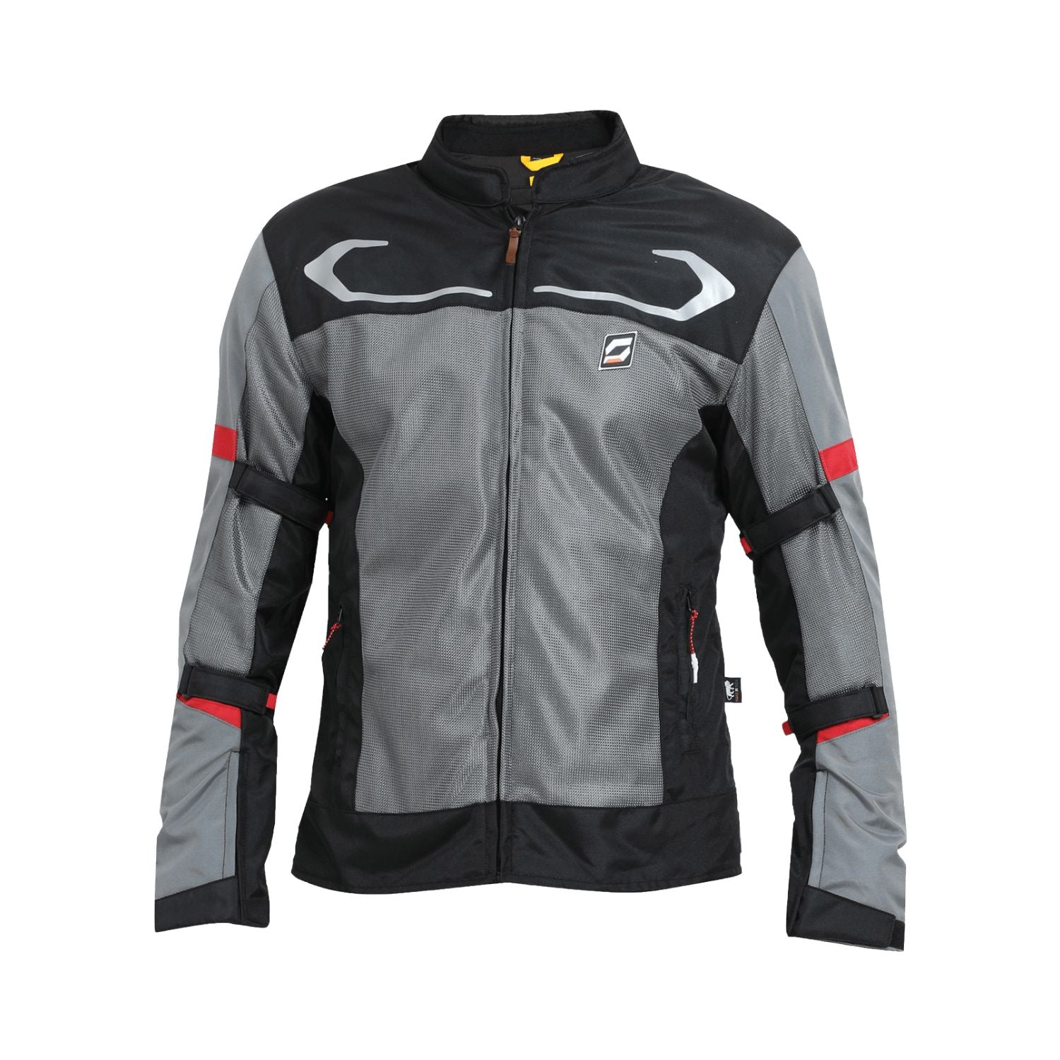 Reitjacke Air-X V2 grau-schwarz, vorne mit Reißverschluss und roten Akzenten