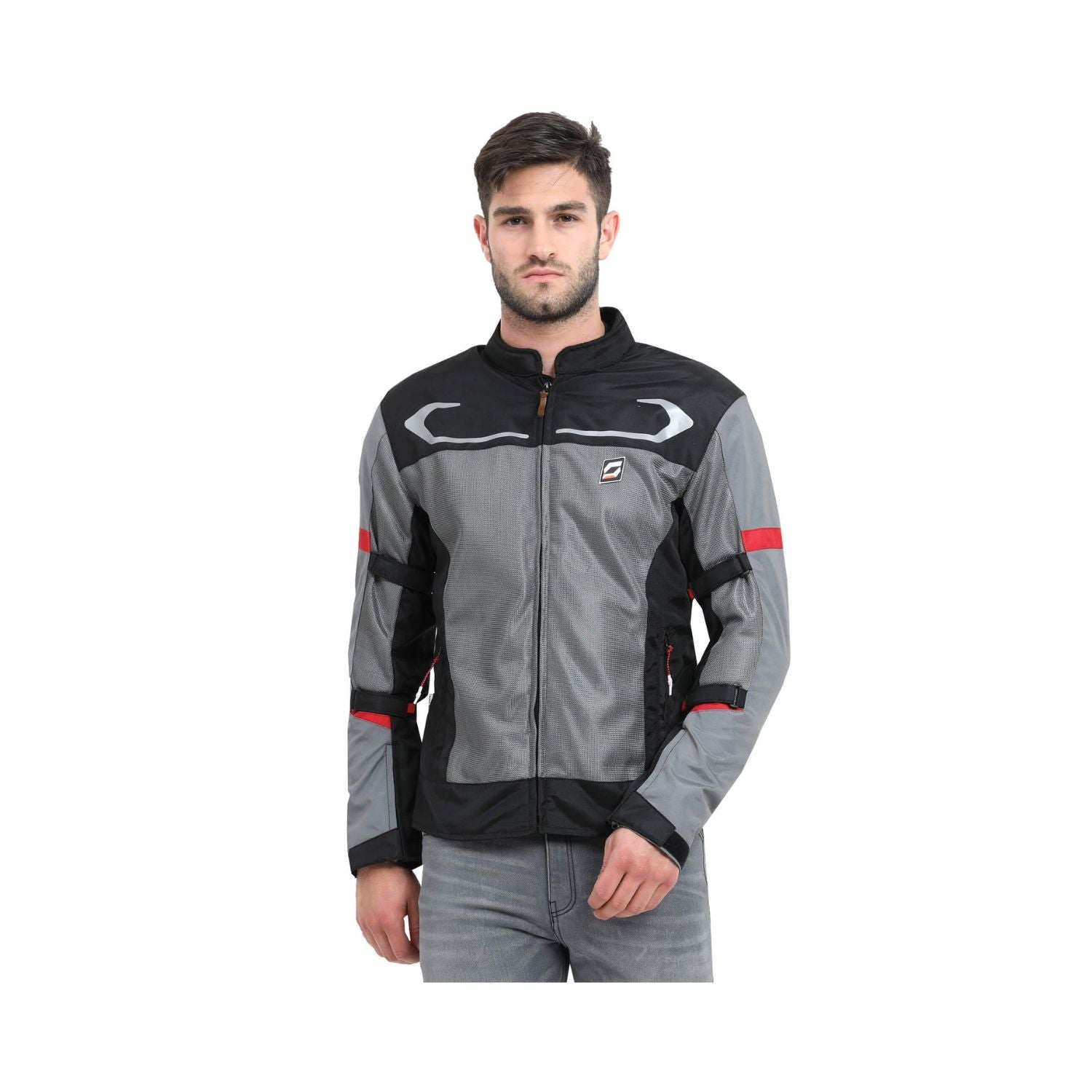 Reitjacke Air-X V2 grau mit schwarzer Front, Stehkragen und roten Ärmelstreifen