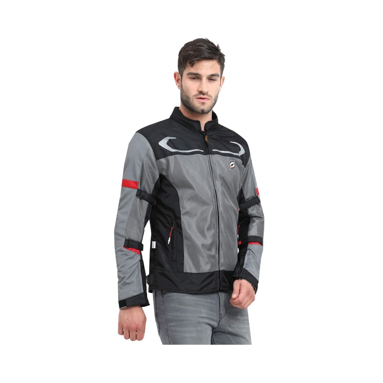 Reitjacke Air-X V2 grau-schwarz mit Frontlogo, Stehkragen und roten Ärmelstreifen
