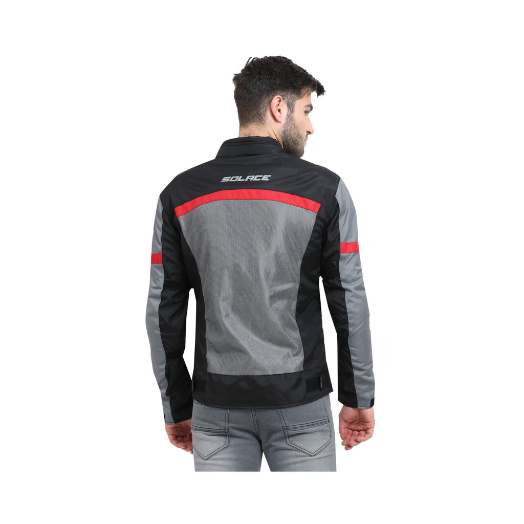 Reitjacke Air-X V2 Rückansicht: grau mit schwarzem Einsatz und rotem Streifen