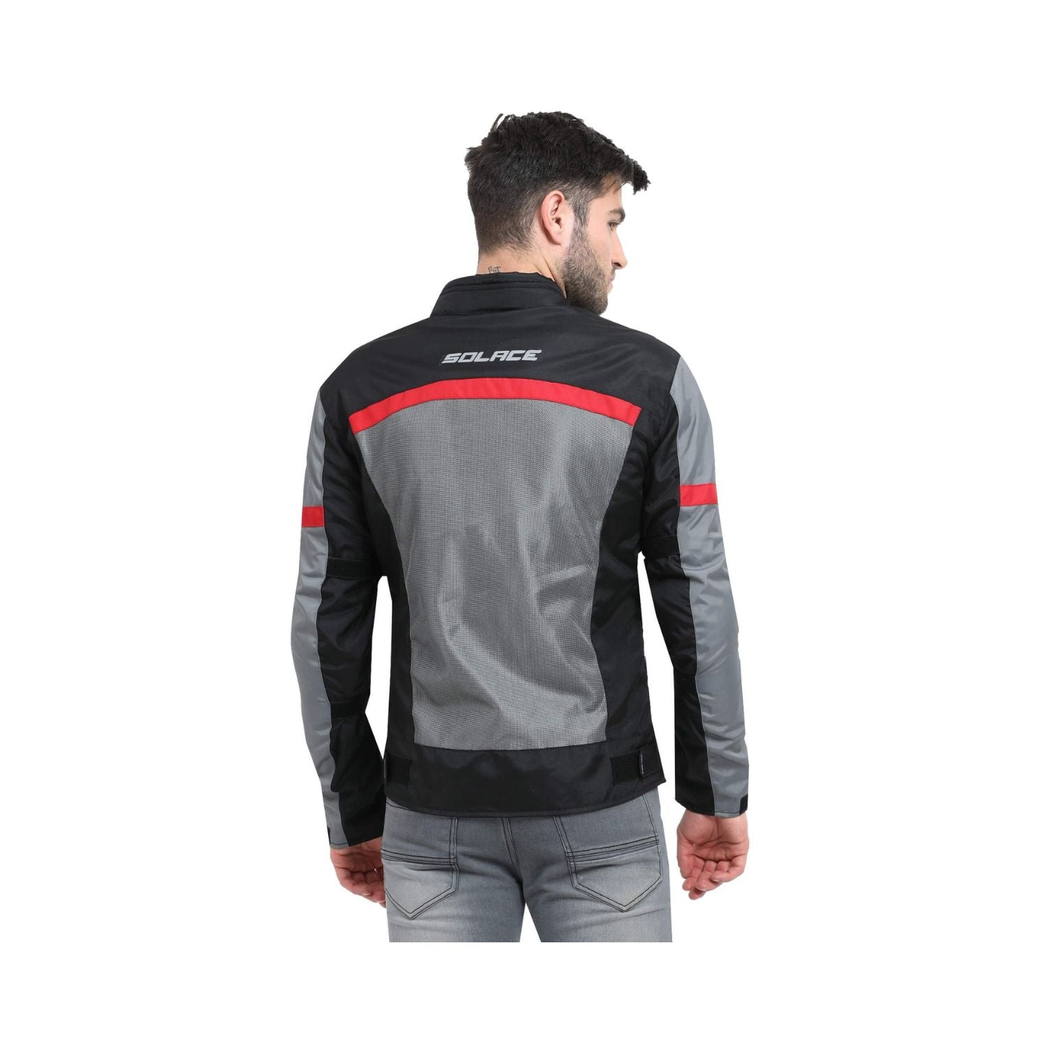 Reitjacke Air-X V2 Rückansicht: grau mit schwarzem Einsatz und rotem Streifen