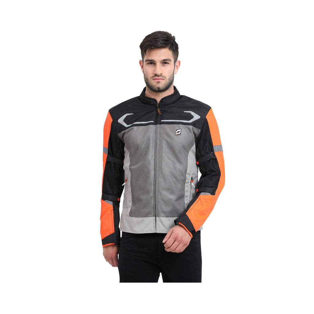 Solace Air-X V2 jacket: orange sleeves, gray torso, black shoulders and zip front