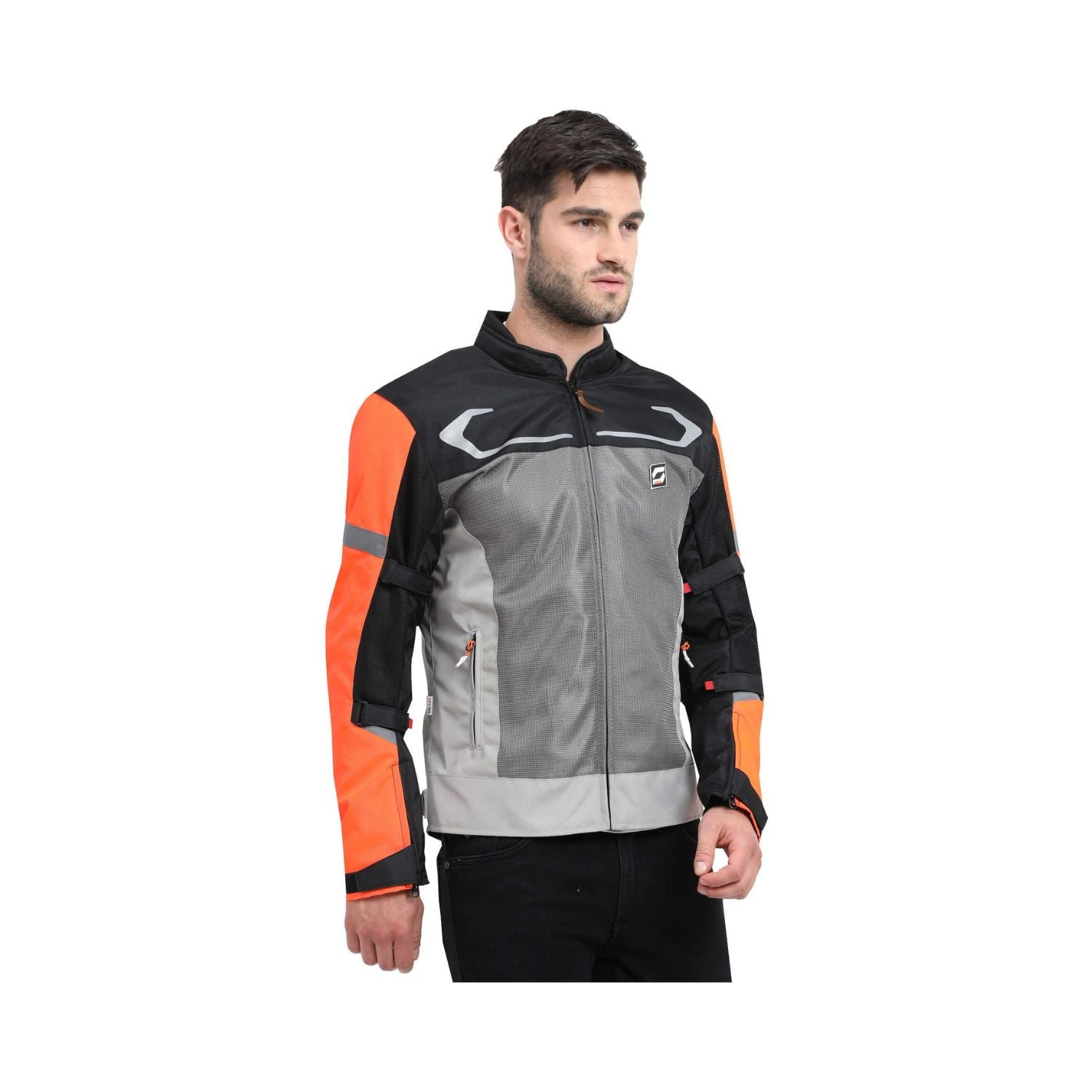 Air-X V2 Riding Jacket side view: gray center panel with black and orange accents