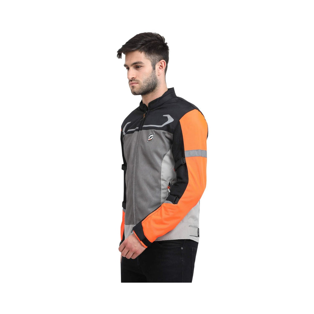 Air-X V2 Riding Jacket profile: orange sleeve panel, black trim, full-length zipper