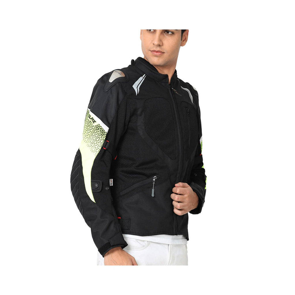 Sabre Pro V5 Riding Jacket, schwarz, Neon-Ärmelside, Ärmeltaschen mit Druckknöpfen