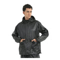 Black rain jacket with attached hood, full zip front, and long sleeves with pockets.