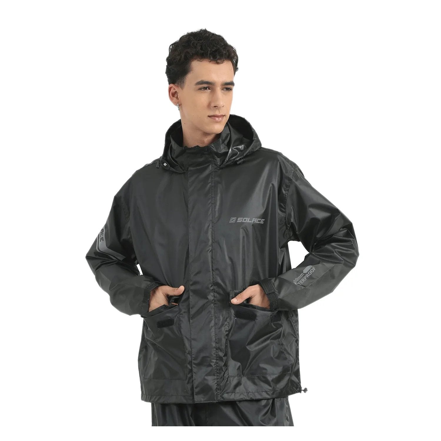 Solace RainPro 16K jacket in black, front view