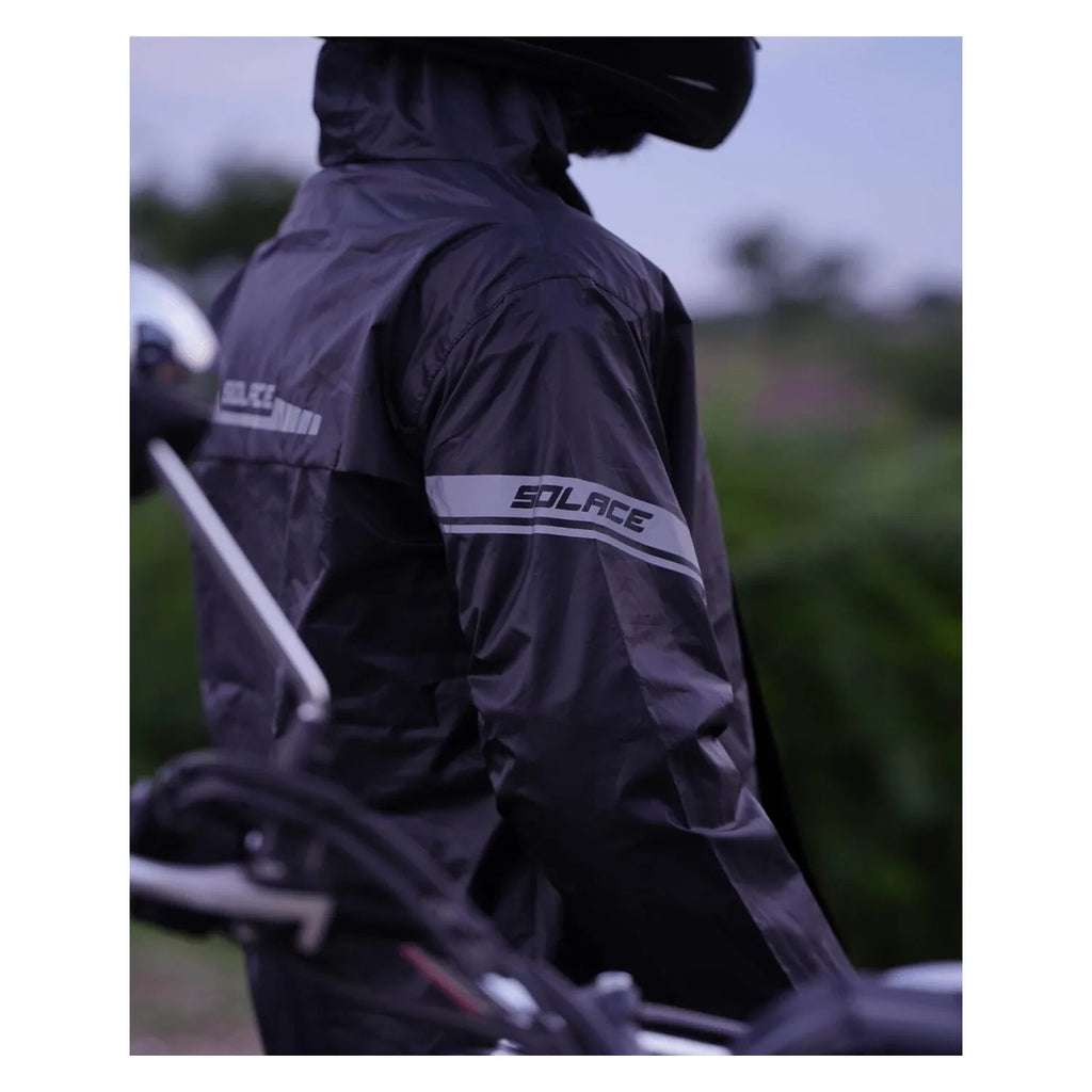 Solace RainPro 16K jacket in black, detail of sealed seams and pockets