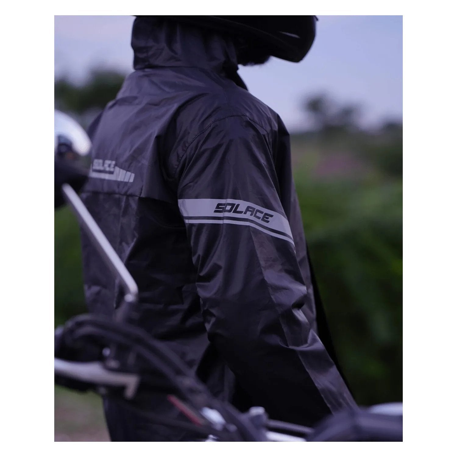 Solace RainPro 16K jacket in black, detail of sealed seams and pockets