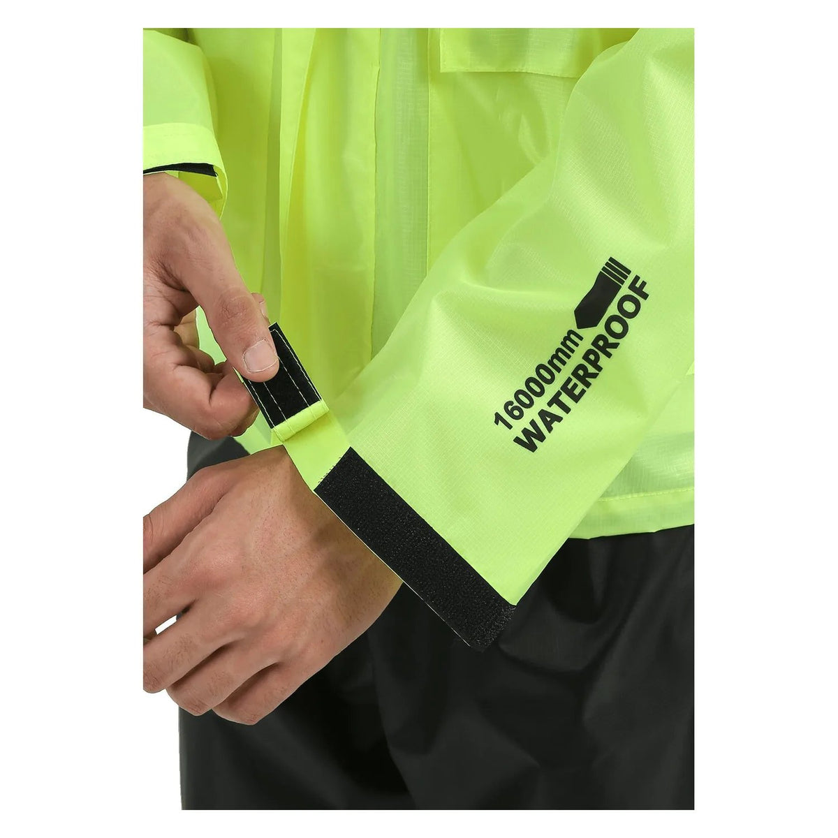 Solace RainPro 16K jacket in neon, detail of sealed seams and pockets