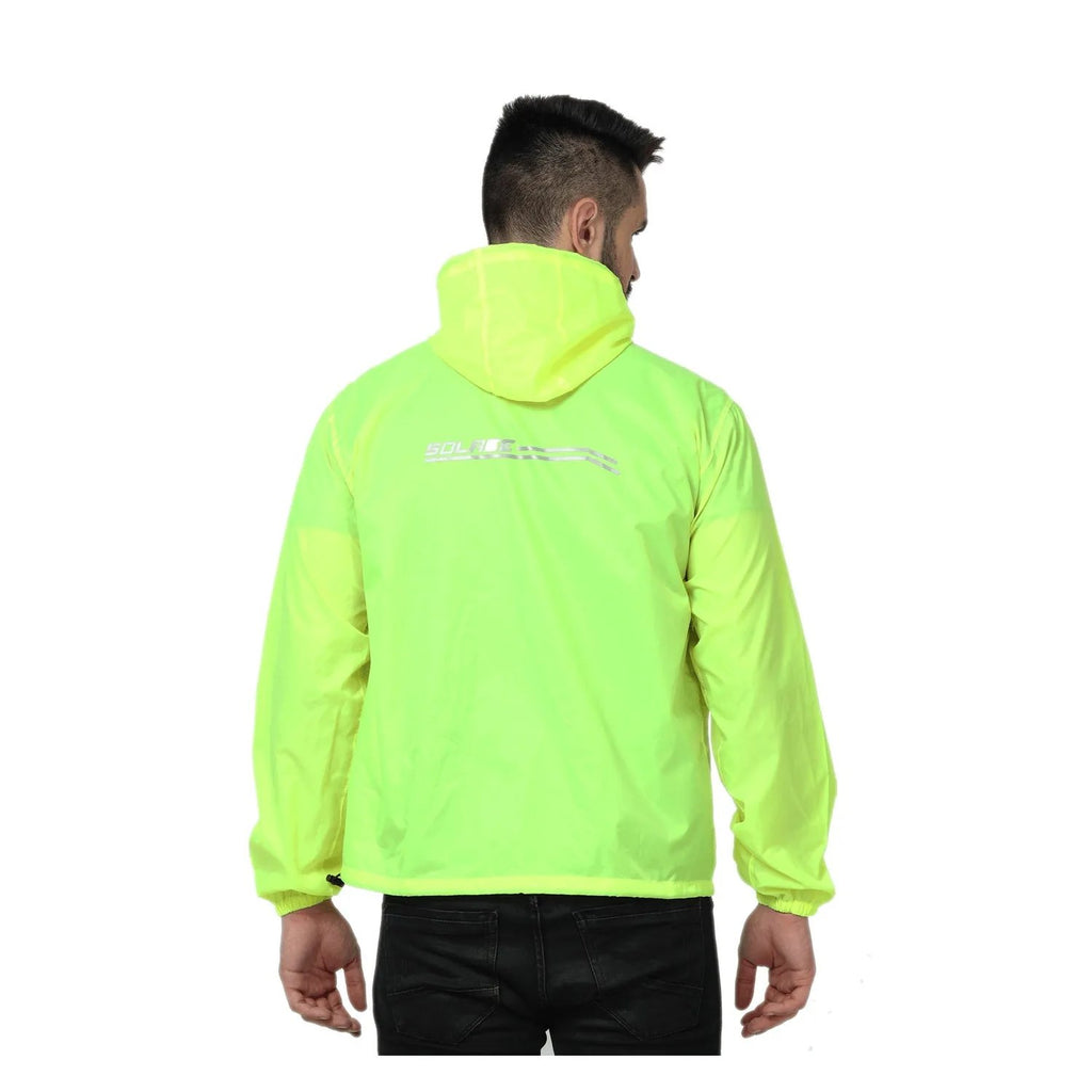 Solace RainPro V3.0 jacket in neon, detail of sealed seams and pockets
