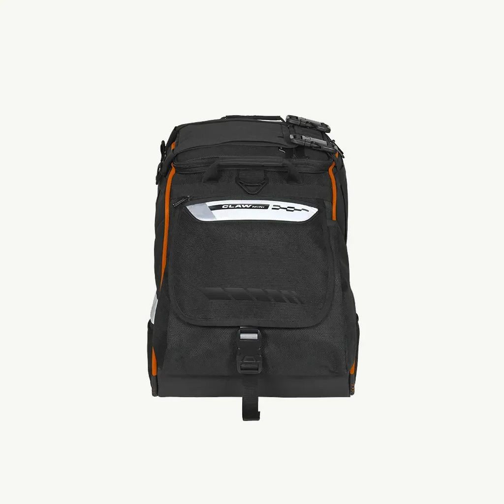 Viaterra Claw Mini orange tail bag mounted and loaded for a trip