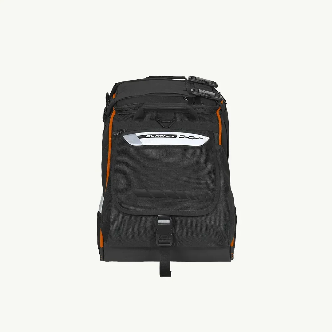 Viaterra Claw Mini orange tail bag mounted and loaded for a trip