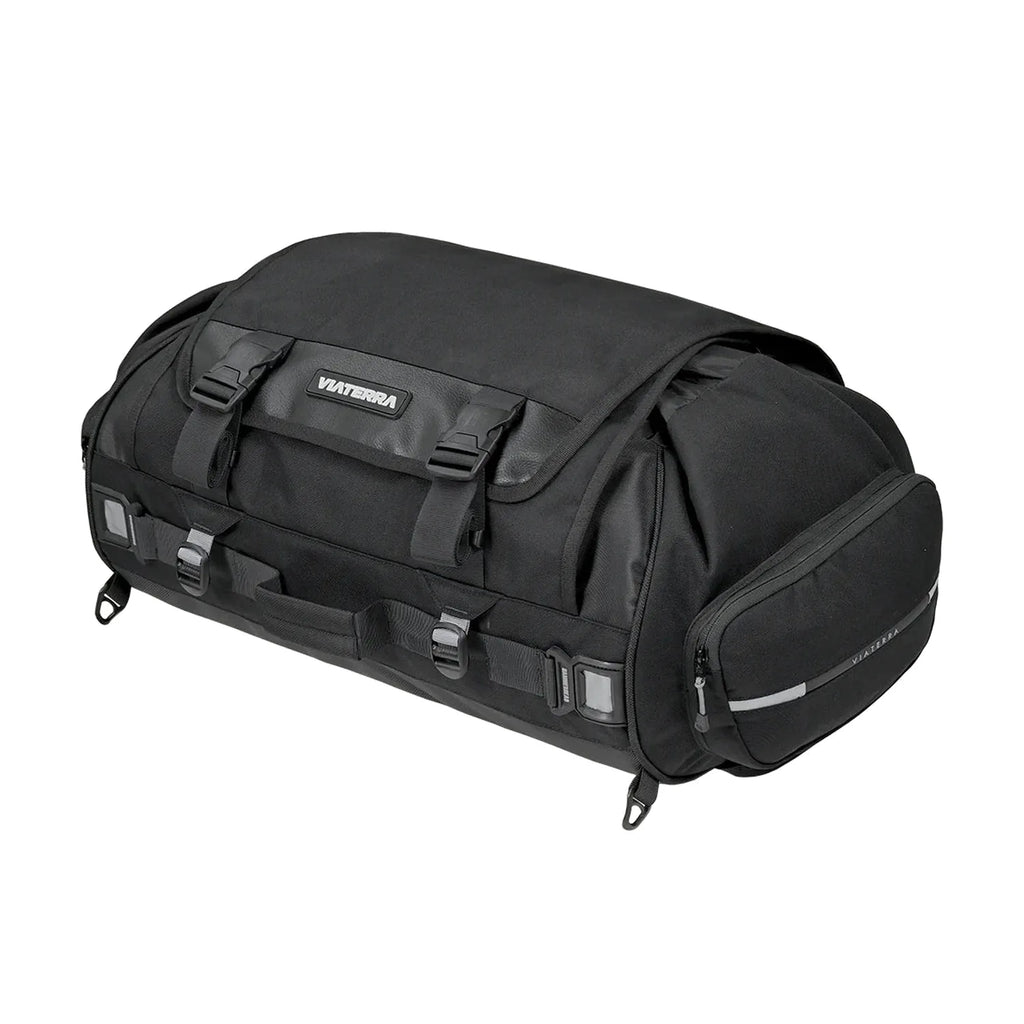 Black Viaterra tail bag with side zip pocket, reinforced corners, and strap buckles