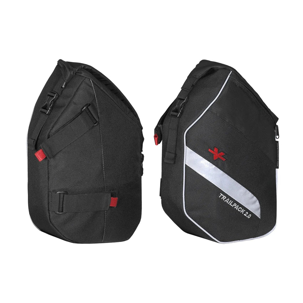 Black motorcycle trail pannier pair with straps, red tabs, white trim and TRAILPACK 2.0