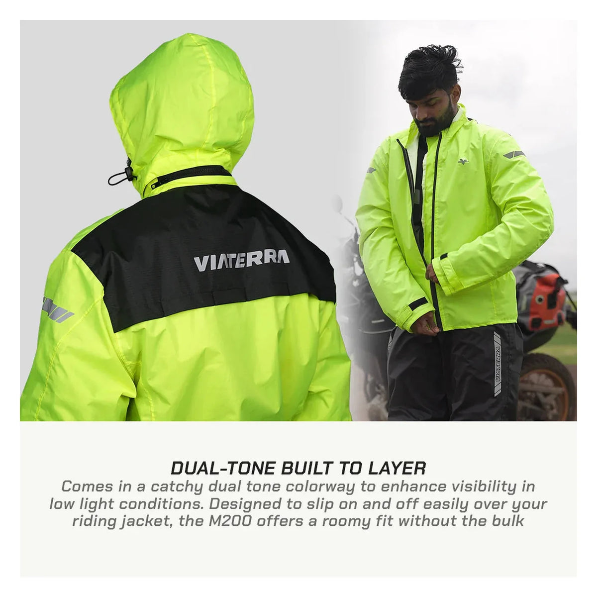 Viaterra M200 rain jacket collar and closure detail