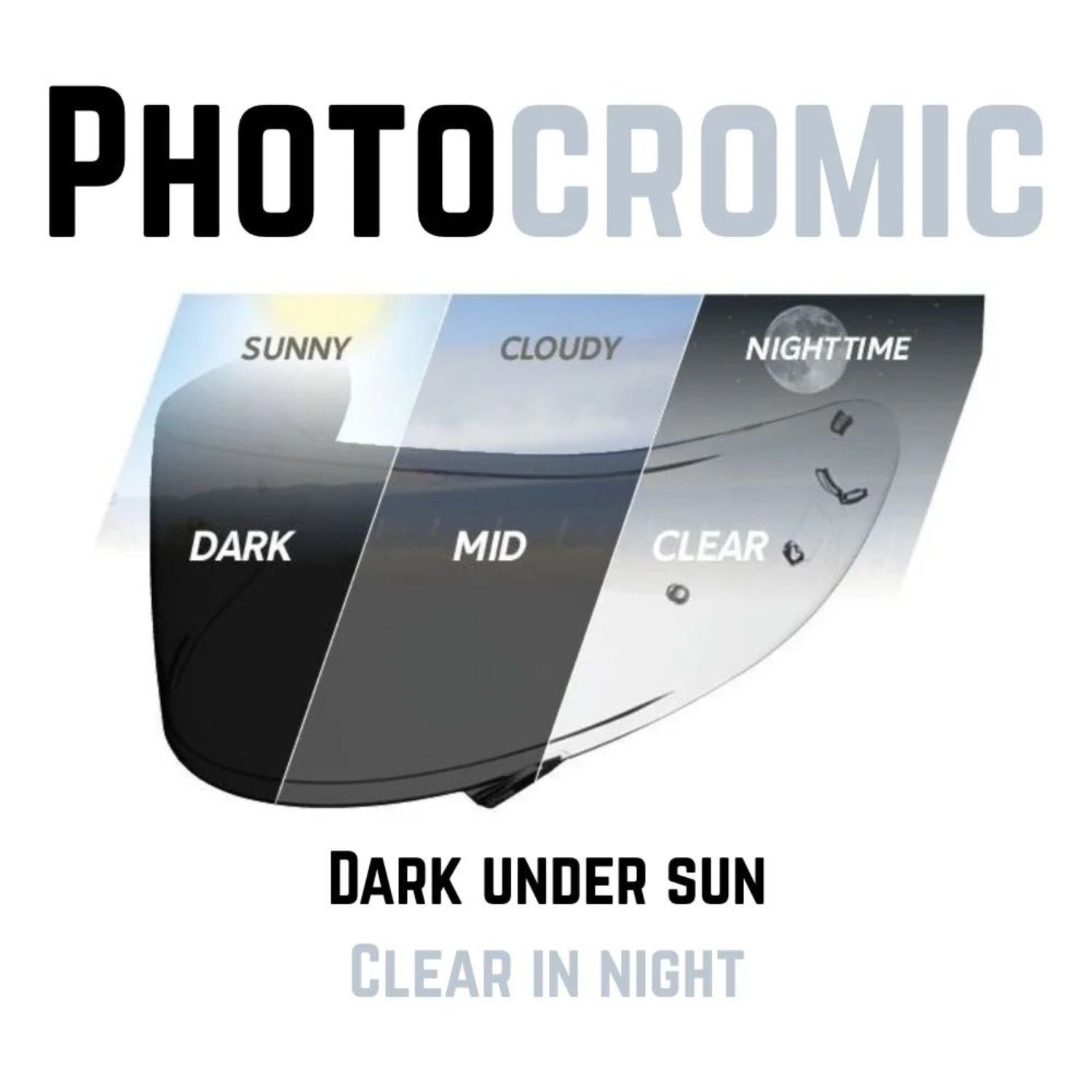 Chromatic visor lens options: sunny, cloudy, nighttime, dark, mid, clear